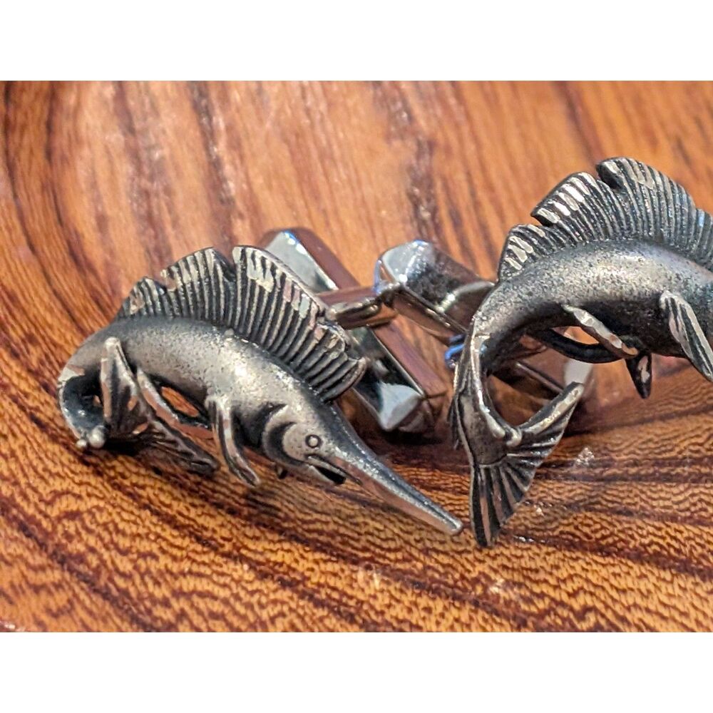 Sterling Silver Swordfish Cufflinks – Vintage Marine Theme, Marked Sterling
